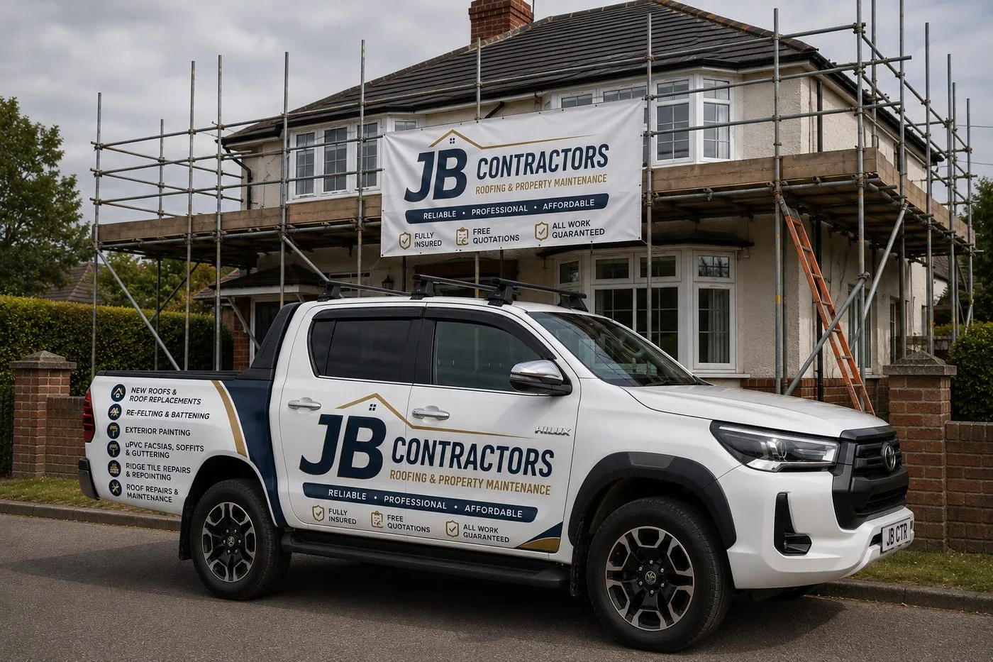 Kingsbridge Roofing pickup truck on site at a scaffolded roofing job in Kingsbridge